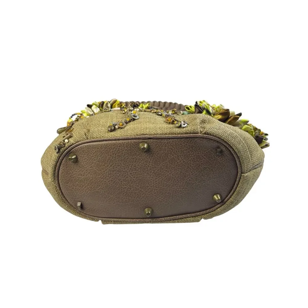 Mary Frances olive green burlap hobo bag floral embellished beaded art to wear